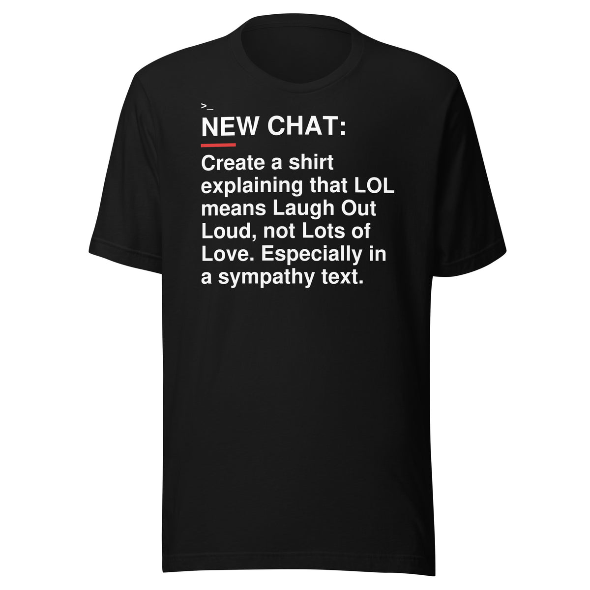 LOL Text Slang black shirt front flat mockup — bold production artwork