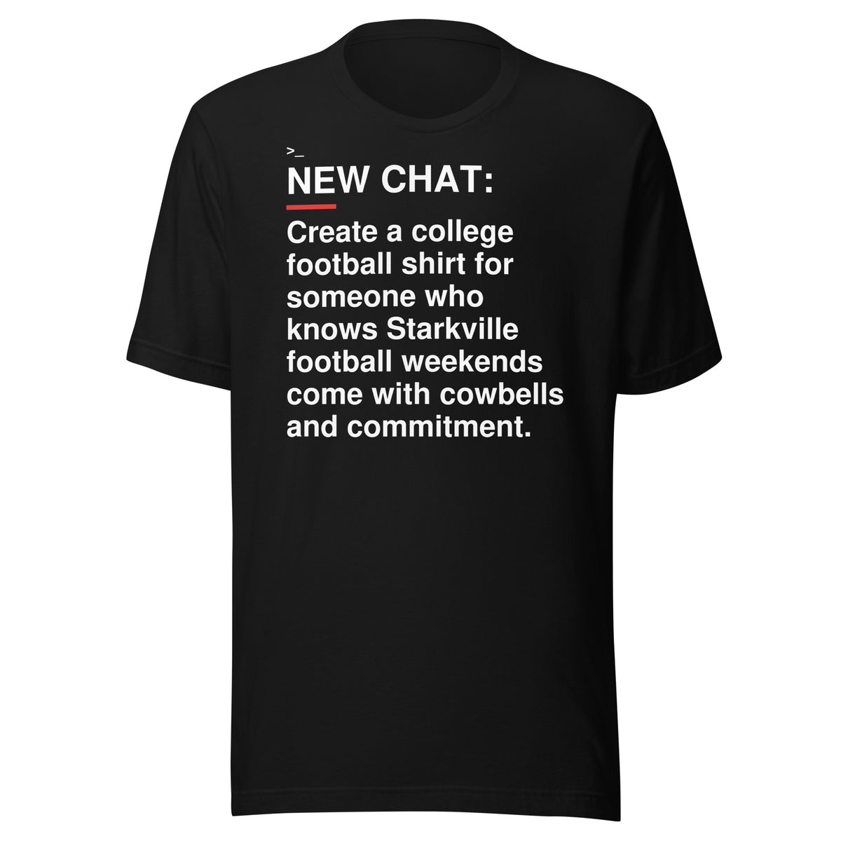 Mississippi State — Cowbells and Commitment T-Shirt front flat mockup — bold production artwork