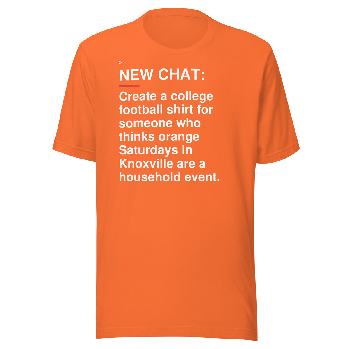 Tennessee — Orange Knoxville Household Event T-Shirt front flat mockup — bold production artwork